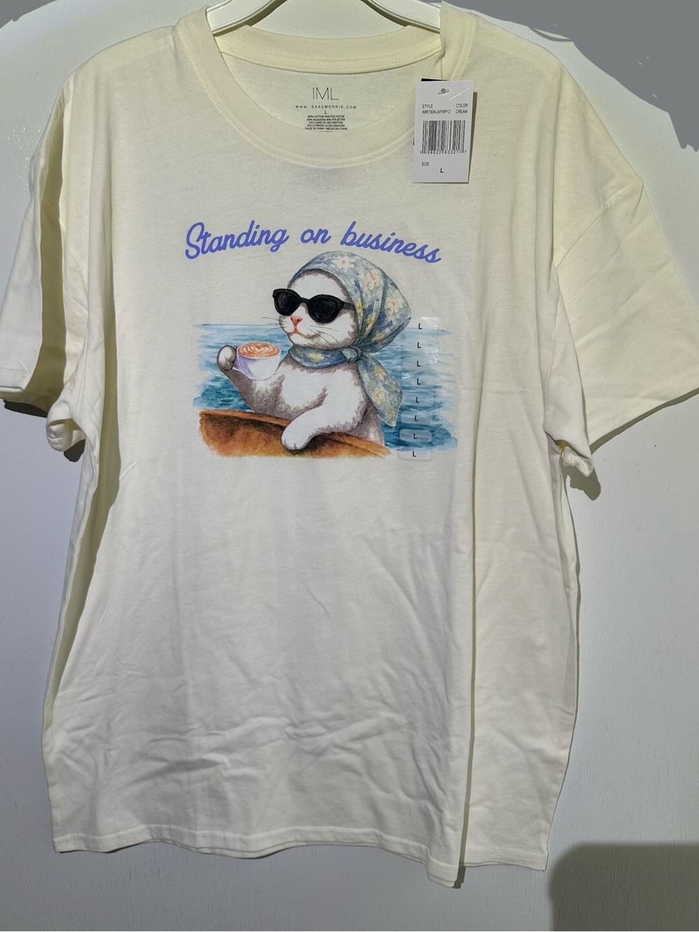 Standing On Business Cat Graphic Tee NWT Coffee Meme T-Shirt Cream Unisex Cute